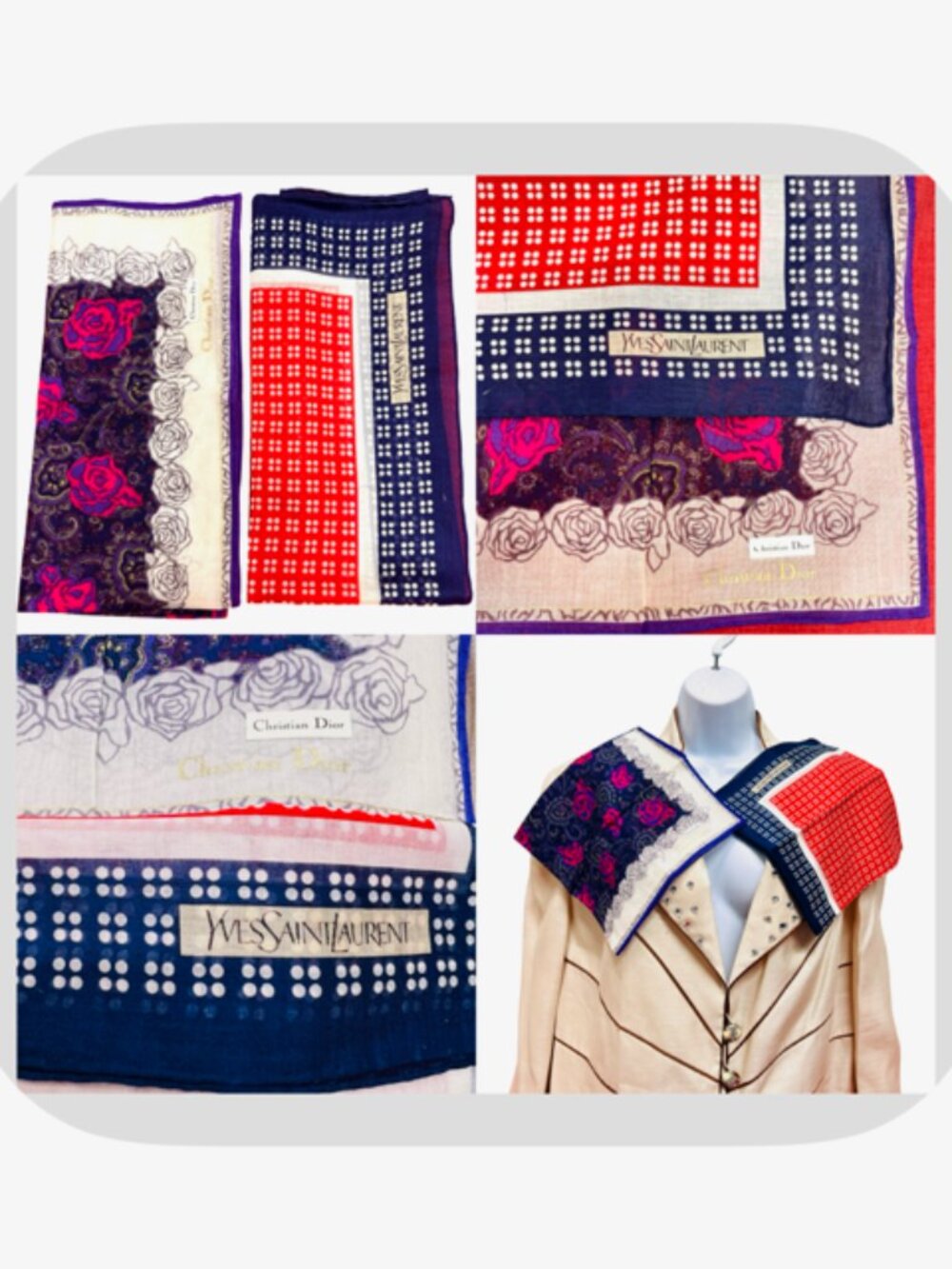 2) New Christian Dior & YSL Mini Scarf/Neck-kerchief Cott 18.5" Red Blue (19 - Picture 14 of 16